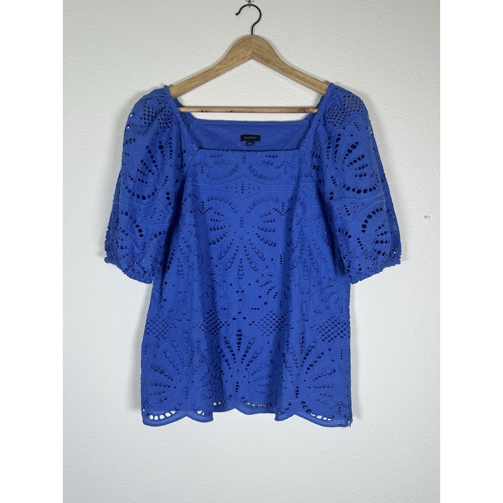 Talbots Royal Blue Puff Sleeve Eyelet Square -Neck Top , Size 6